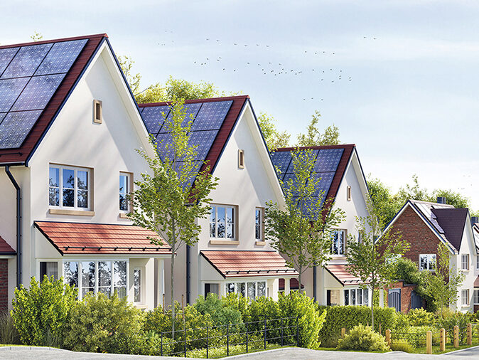 Beautiful modern residential houses with solar panels